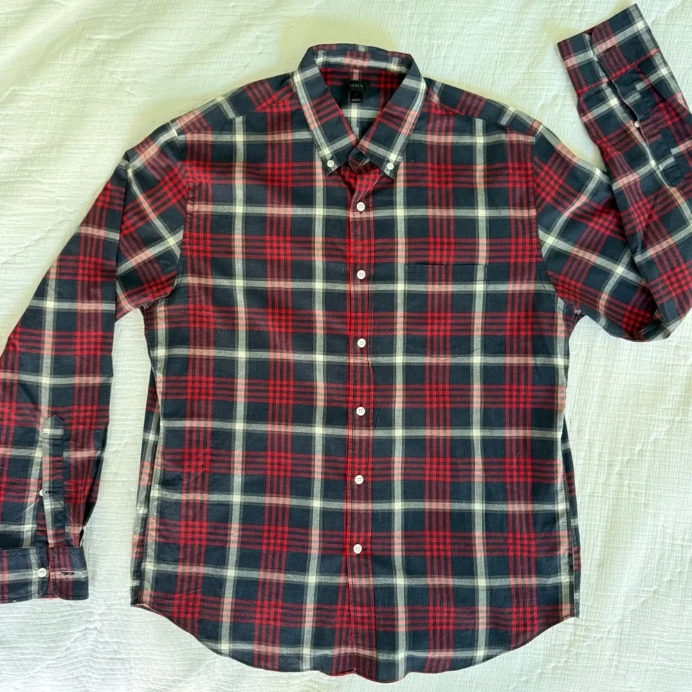 J.Crew Men's L Tartan Plaid Button Down Shirt Red Navy Cotton Holiday 2012